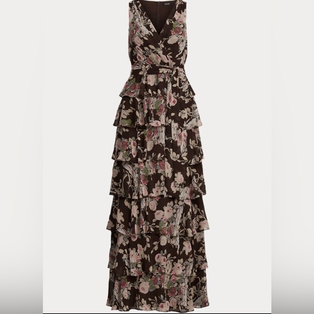 Ralph Lauren Floral Crinkle Georgette Tiered Gown Size 8 Black Label Reg. $285